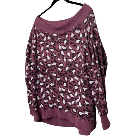 EASEL | Mauve Off The Shoulder Leopard Print Long Sleeve Sweatshirt | Size L - Picture 4 of 11